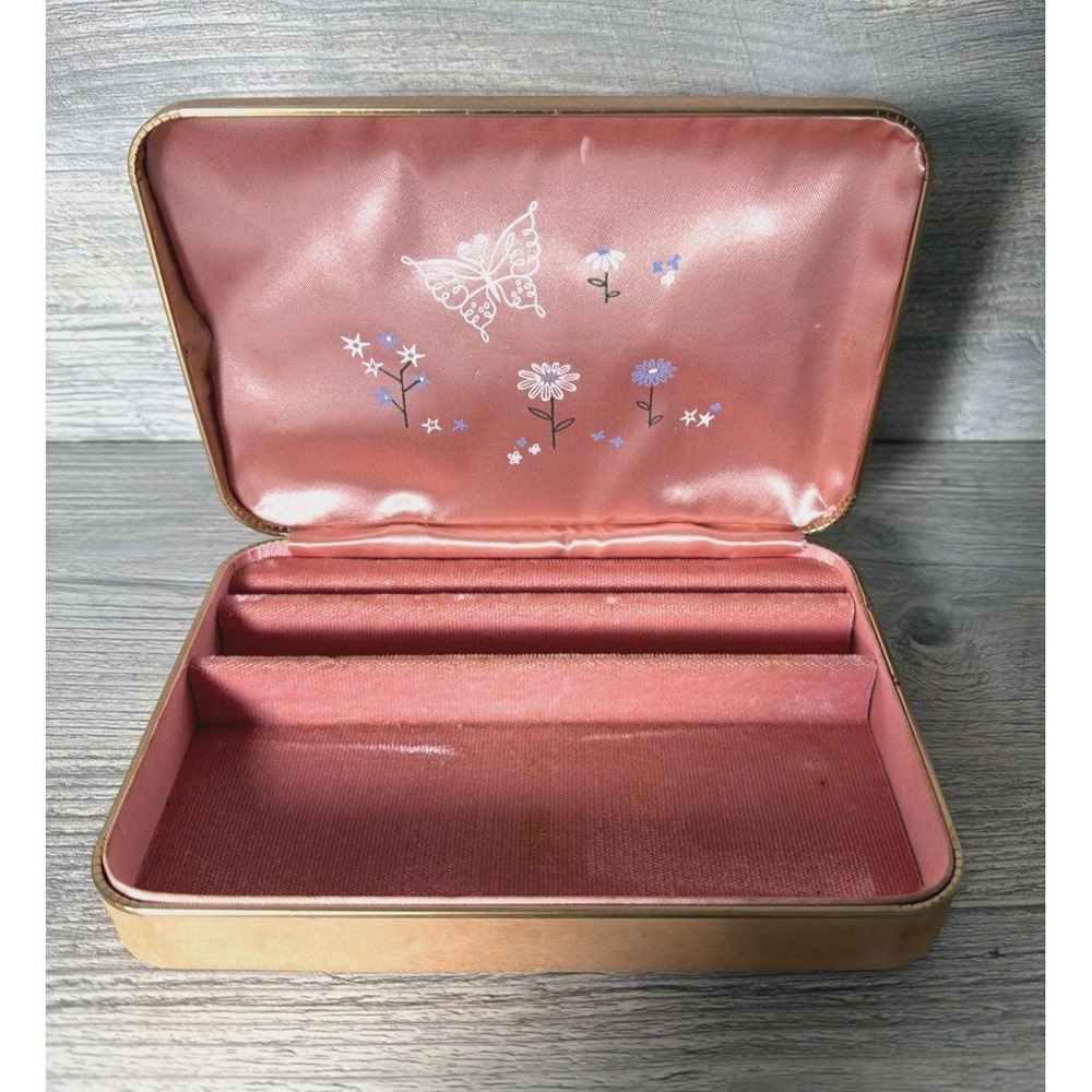 1960s Vtg Farrington Pink Velvet Lined Floral Rectangle Jewelry Box Retro MCM